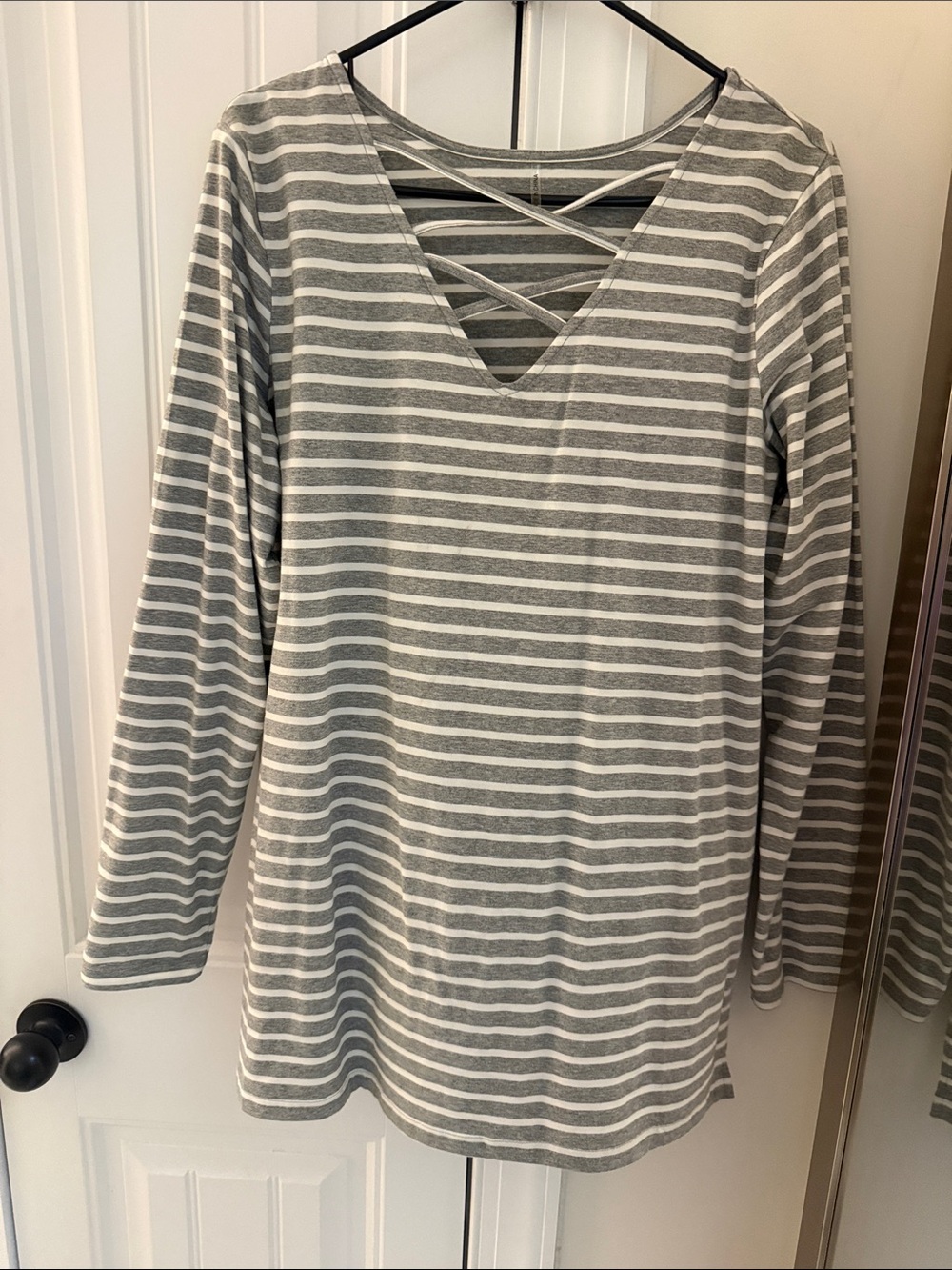 Zenana Outfitters Gray and White Striped Long Sleeve Crisscross Top